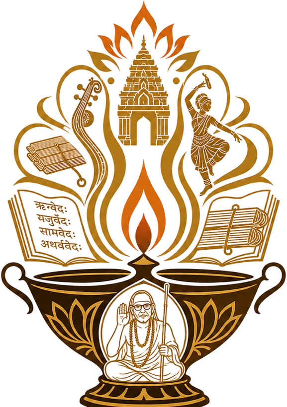Emblem of Sri Paramacharya Charitable Trust: a lit lamp with the Vedas, a temple, veena and dancer, and Sri Paramacharya seated at its centre