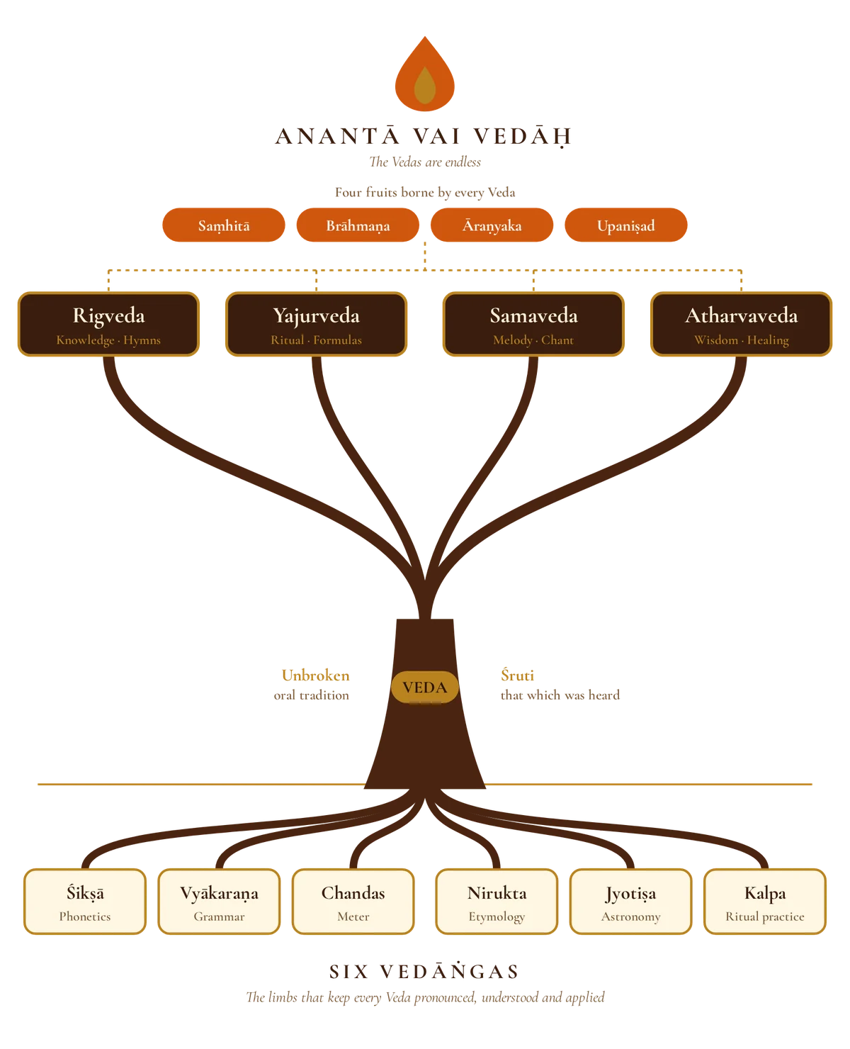 The Vedic tree: the Veda as the trunk; Rigveda, Yajurveda, Samaveda and Atharvaveda as branches bearing Saṃhitā, Brāhmaṇa, Āraṇyaka and Upaniṣad; and the six Vedāṅgas – Śikṣā, Vyākaraṇa, Chandas, Nirukta, Jyotiṣa and Kalpa – as its roots.